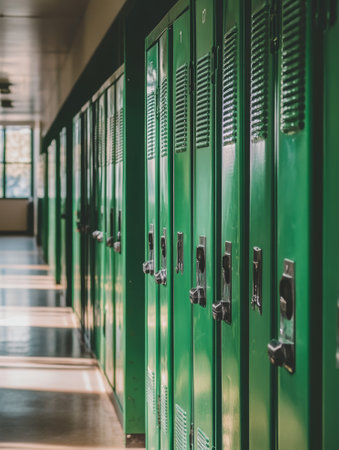 A row of green lockers in a hallway - aiの素材