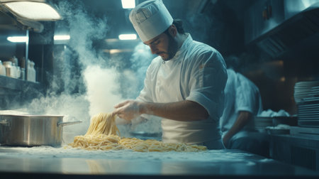 Chef preparing a pasta dish in traditional Italian restaurant kitchen  - aiの素材