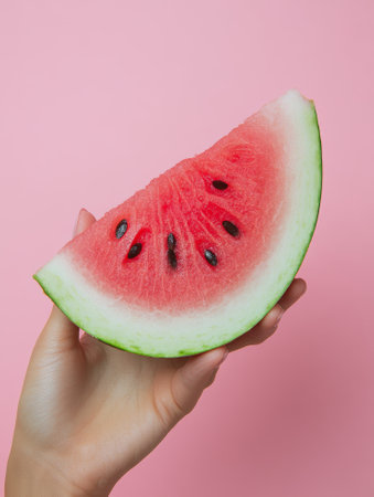Close up of Female hand holding slice of watermelon on pink background  - aiの素材