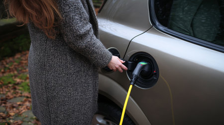 close up of woman's hand plugging in charging lead to her electric car  - aiの素材
