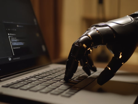 close up Robot hand pressing laptop key  - aiの素材