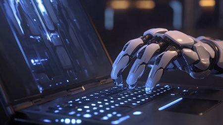 close up Robot hand pressing laptop key  - aiの素材