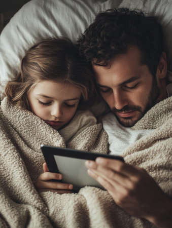 Father and son lying together under blanket looking at digital tablet - aiの素材
