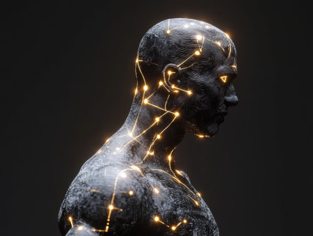 Generative AI futuristic illustration of side view of pensive cyborg character with illuminated dots and wires with cables looking away against dark - aiの素材