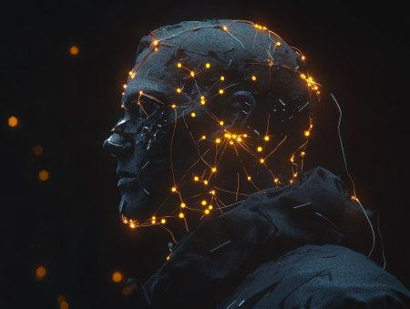 Generative AI futuristic illustration of side view of pensive cyborg character with illuminated dots and wires with cables looking away against dark - aiの素材