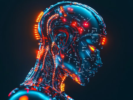 Generative AI futuristic illustration of side view of pensive cyborg character with illuminated dots and wires with cables looking away against dark - aiの素材