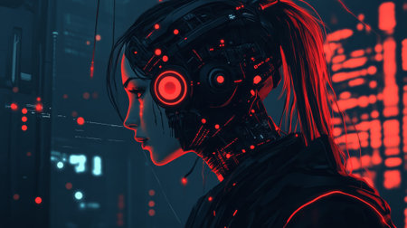 Generative AI futuristic illustration of side view of pensive cyborg character with illuminated dots and wires with cables looking away against dark - aiの素材