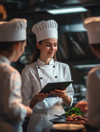 Mid adult female chef holding digital tablet while discussing with team in kitchen - aiの素材