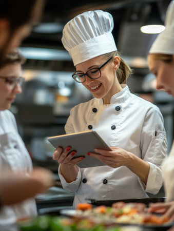Mid adult female chef holding digital tablet while discussing with team in kitchen - aiの素材