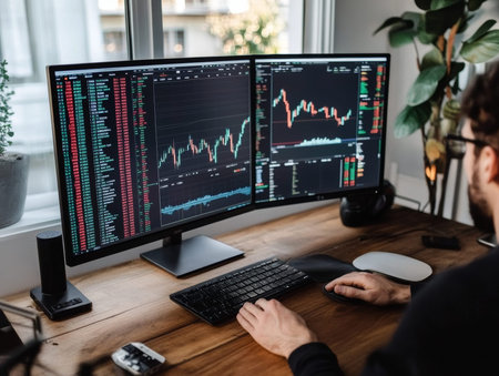 Screen with stock market index charts and diagrams - aiの素材