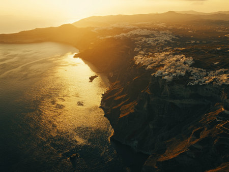 Aerial view of Thira city during the sunset, Santorini, Greece. - aiの素材