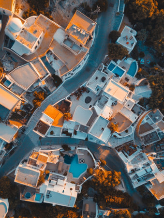 Aerial view of Thira city during the sunset, Santorini, Greece. - aiの素材