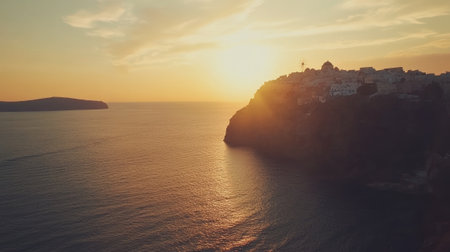 Aerial view of Thira city during the sunset, Santorini, Greece. - aiの素材