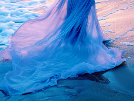close up Serene beach walk at sunset in flowing dress. copyspace area, - aiの素材