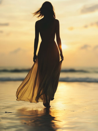 close up Serene beach walk at sunset in flowing dress. copyspace area, - aiの素材