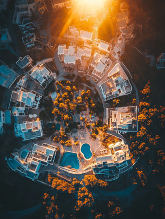 Aerial view of Thira city during the sunset, Santorini, Greece. - aiの素材