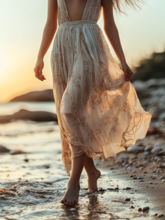 close up Serene beach walk at sunset in flowing dress. copyspace area, - aiの素材