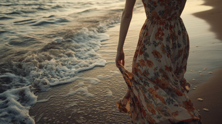 close up Serene beach walk at sunset in flowing dress. copyspace area, - aiの素材