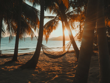empty hammock hanging from palm trees near sea at sandy beach during sunset  - aiの素材