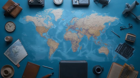 Flat lay composition with world map and different travel gadjet  - aiの素材