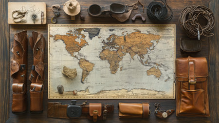 Flat lay composition with world map and different travel gadjet  - aiの素材