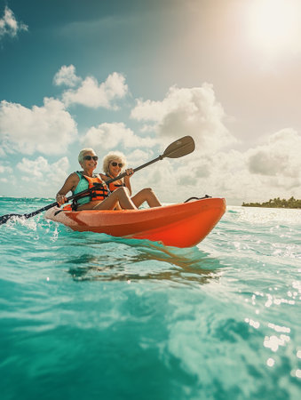 Happy senior couple kayaking together in the ocean on a sunny day.  - aiの素材