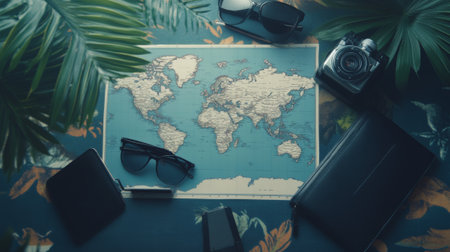 Flat lay composition with world map and different travel gadjet  - aiの素材