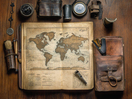 Flat lay composition with world map and different travel gadjet  - aiの素材