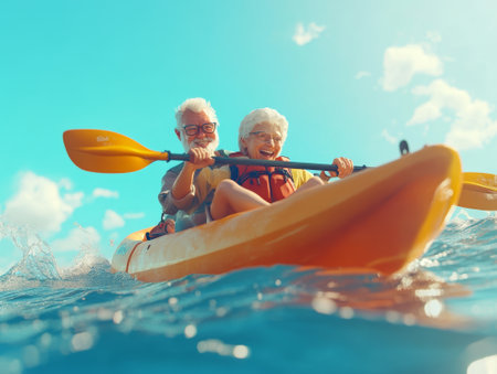 Happy senior couple kayaking together in the ocean on a sunny day.  - aiの素材