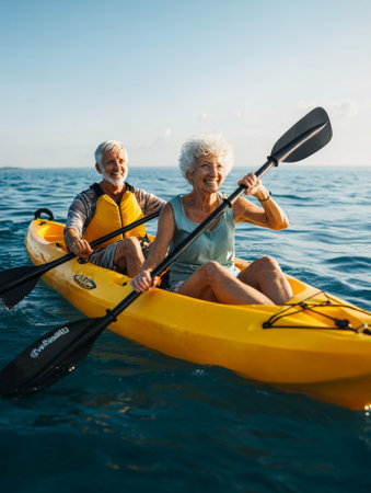 Happy senior couple kayaking together in the ocean on a sunny day.  - aiの素材