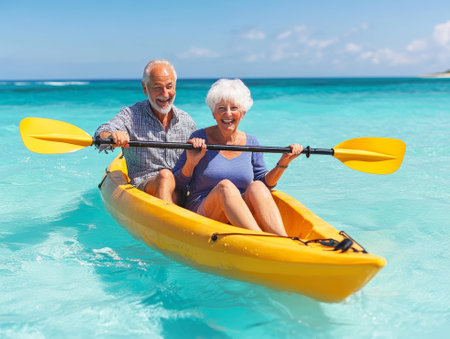 Happy senior couple kayaking together in the ocean on a sunny day.  - aiの素材