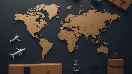 Flat lay composition with world map and different travel gadjet  - aiの素材