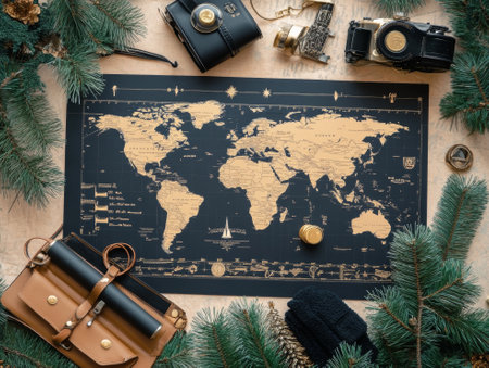 Flat lay composition with world map and different travel gadjet  - aiの素材