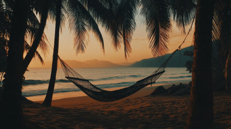 empty hammock hanging from palm trees near sea at sandy beach during sunset  - aiの素材