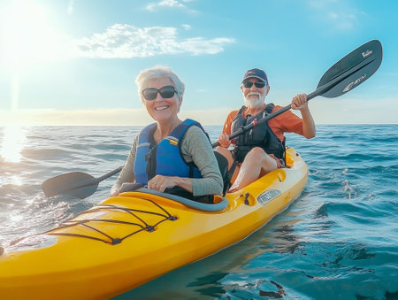 Happy senior couple kayaking together in the ocean on a sunny day.  - aiの素材