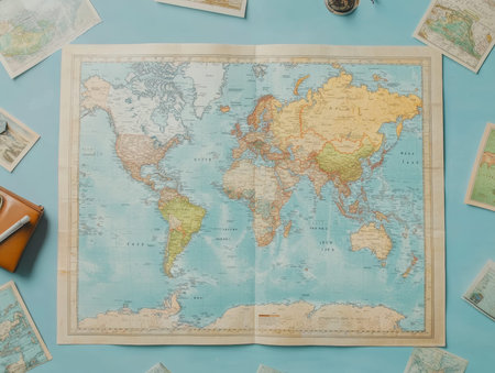 Flat lay composition with world map and different travel gadjet  - aiの素材