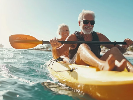 Happy senior couple kayaking together in the ocean on a sunny day.  - aiの素材