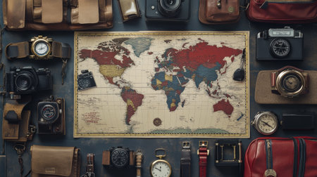 Flat lay composition with world map and different travel gadjet  - aiの素材