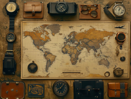Flat lay composition with world map and different travel gadjet  - aiの素材