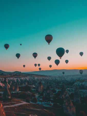 Hot air balloons flying over rocky landscape against clear sky in Goreme during sunset, Cappadocia, Turkey  - aiの素材