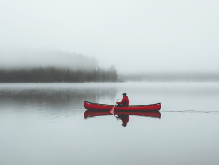 Man rowing his canoe on a lake, - aiの素材