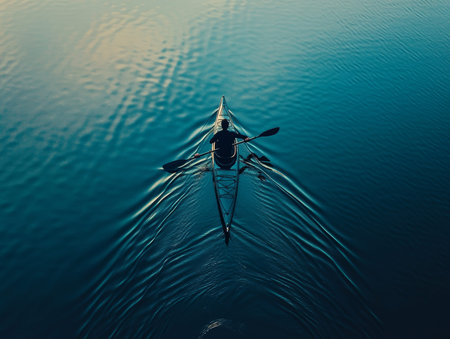 Man rowing his canoe on a lake, - aiの素材