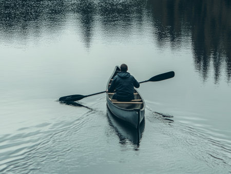 Man rowing his canoe on a lake, - aiの素材