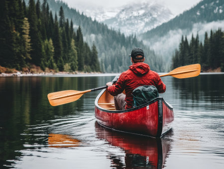 Man rowing his canoe on a lake, - aiの素材