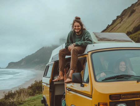 Male and female friends outside camping van during road trip  - aiの素材