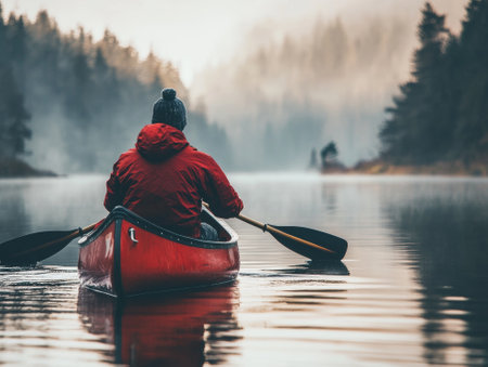 Man rowing his canoe on a lake, - aiの素材