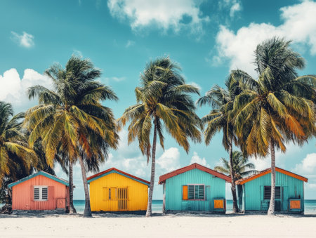 Multicolored beach cabins next to the giant palm trees  - aiの素材