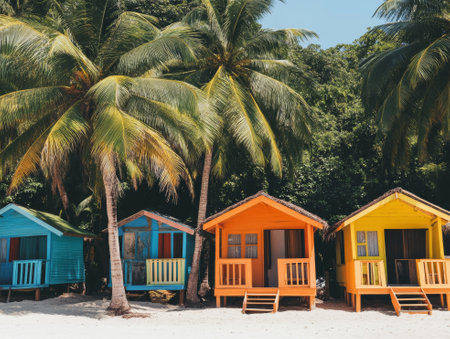 Multicolored beach cabins next to the giant palm trees  - aiの素材