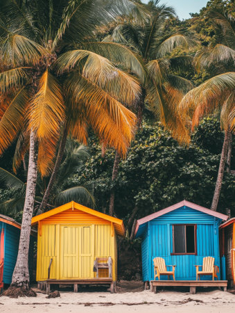Multicolored beach cabins next to the giant palm trees  - aiの素材