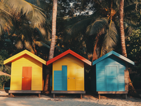 Multicolored beach cabins next to the giant palm trees  - aiの素材